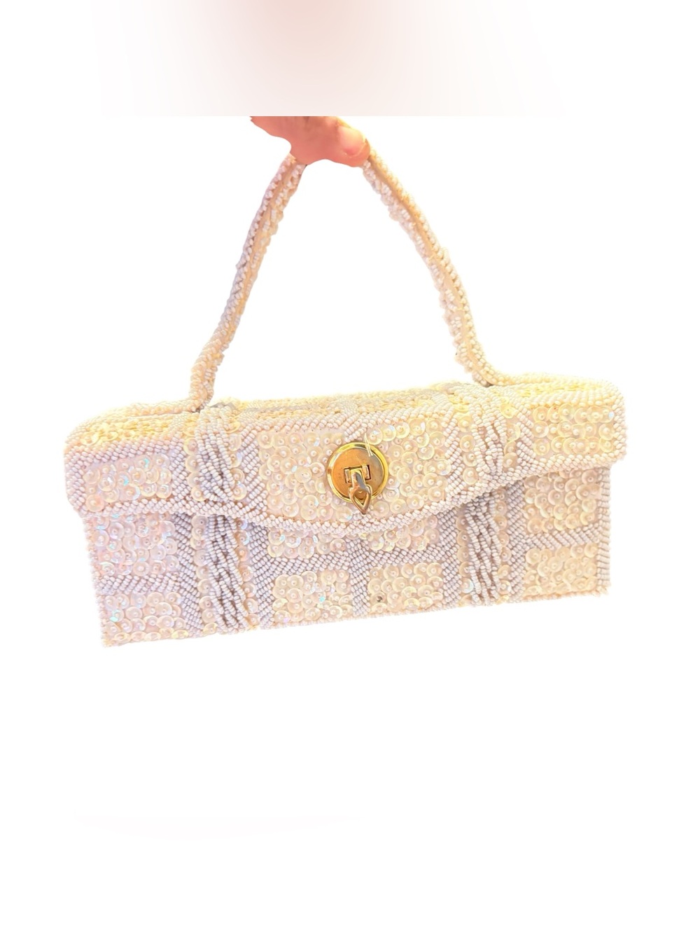 Vintage Pearl-Embellished Cream Beaded Clutch with Top Handle Made In Japan